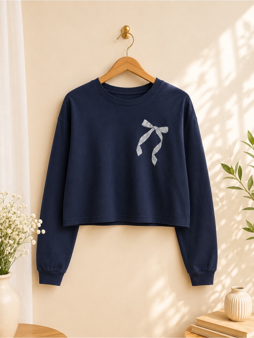aerie Navy Cropped Crewneck Sweatshirt with Bow Print